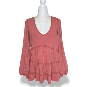 By Anthropologie Blythe Pink Babydoll Ruffle Tiered Tunic Long Sleeve Top S